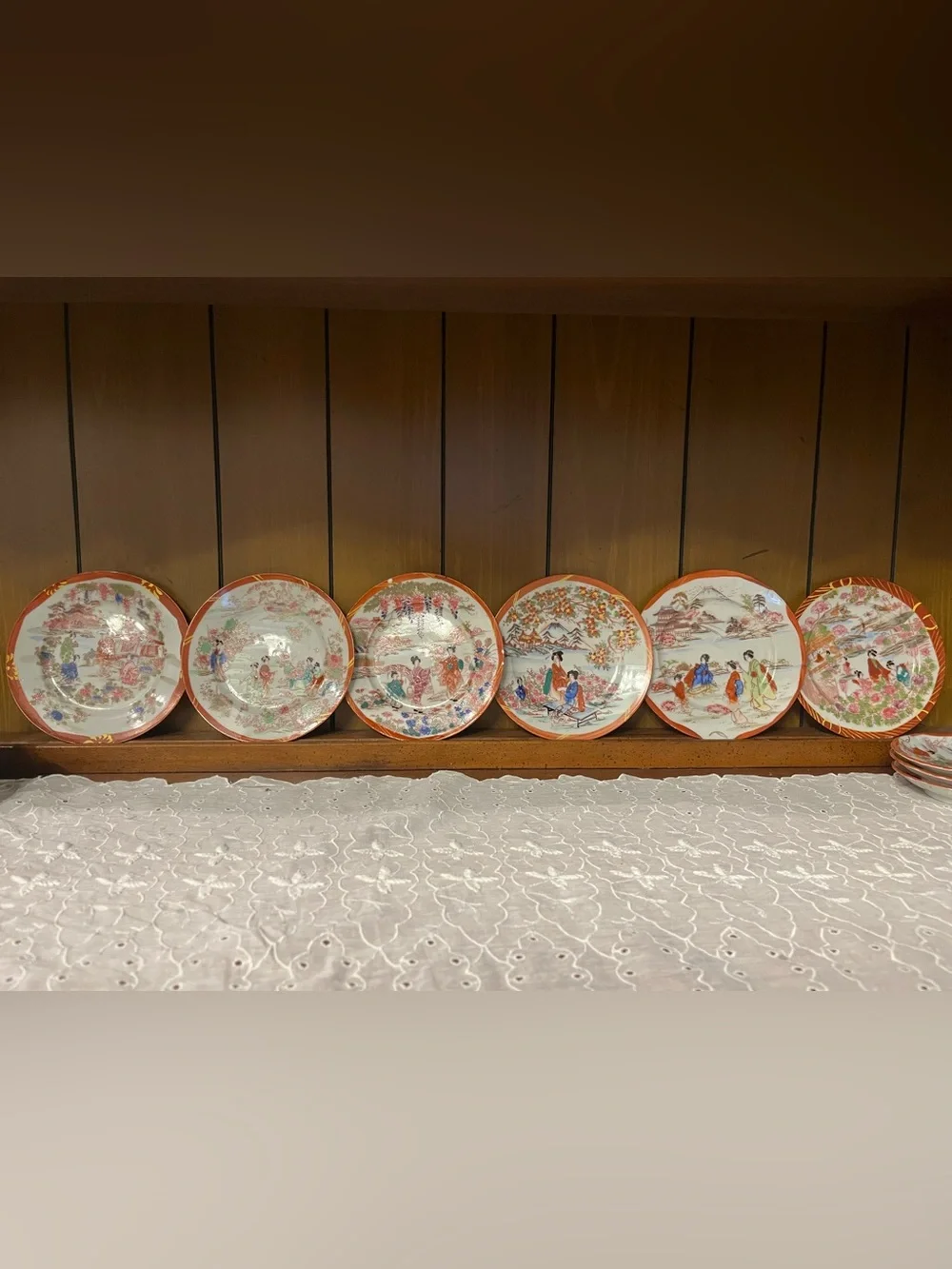 Vintage Hand-Painted Chinese Red-Trim Porcelain Set